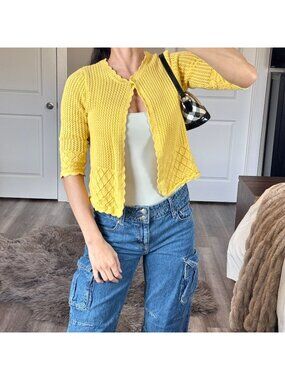 Y2K Crochet Yellow Cardigan Summer Granny Cottagecore Cotton Knit Sweater Sz PM